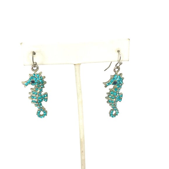 Vintage Seahorse Earrings With Aqua Rhinestones - Picture 2 of 8